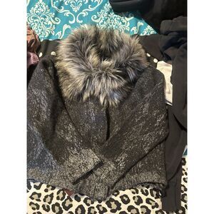 Chico's Kendall Heather Foil Printed Cardigan - Gray Faux Fur Collar Size 3
